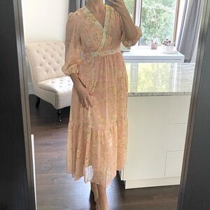 New! Floral Pink/Beige Midi Dress with Long Sleeves &Pockets, side zipper size 8